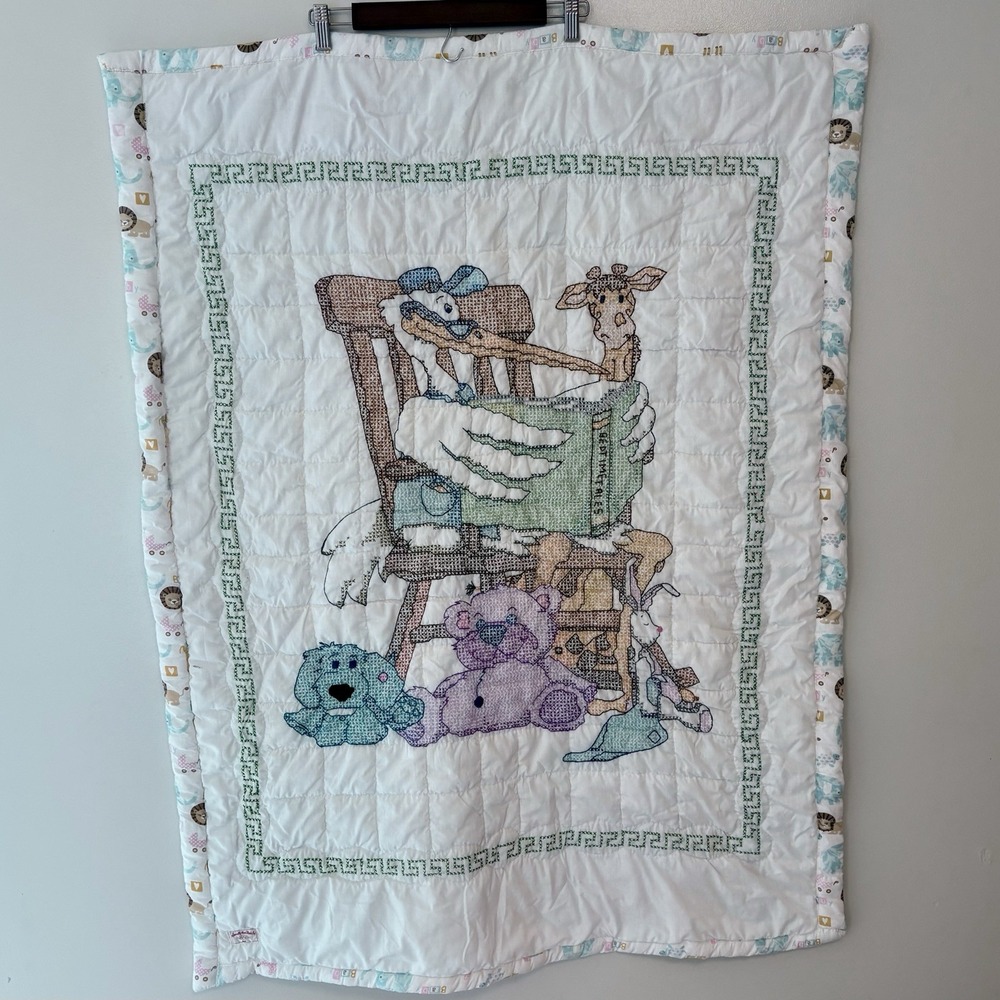 Vintage Cross Stitch Baby Quilt Stork Giraffe Teddy Bear Handmade Blanket 45x35
